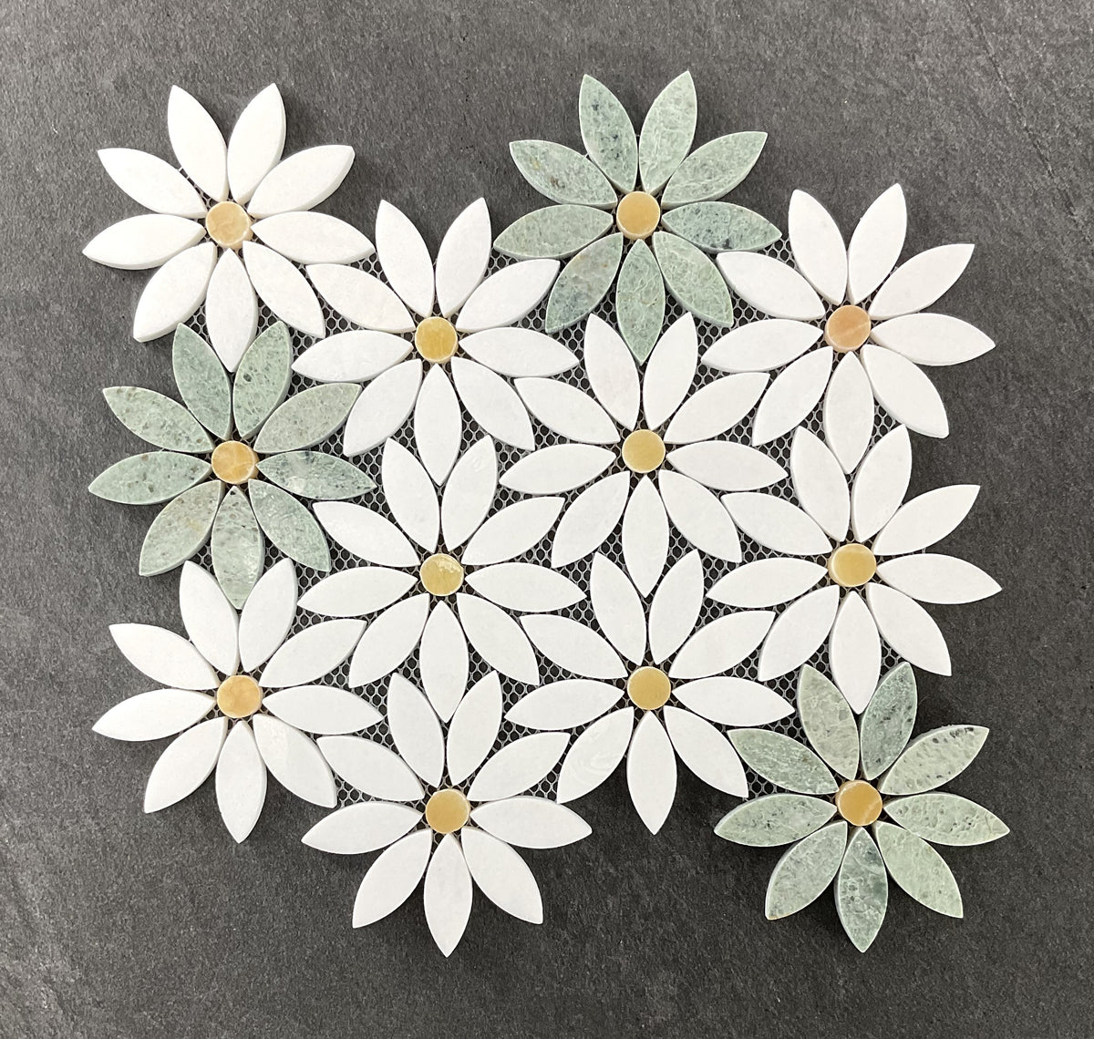 M 花柄 ホワイト パーテーション Carrara White With Carrara Center Daisy Flower Mosaic Tile Honed